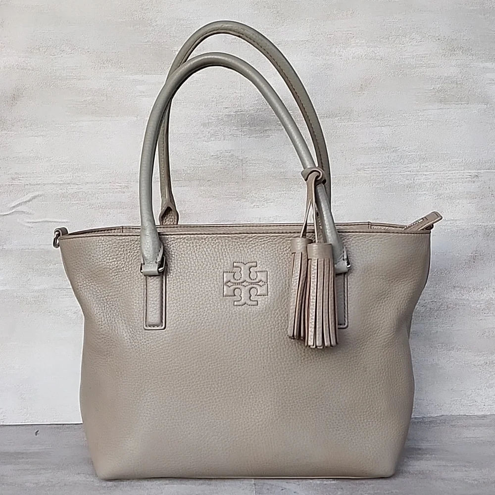 Tory Burch Thea Convertible Tote Bag in French Gray Pebbled Leather